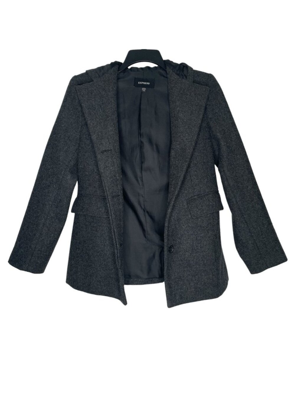Express Womens Coat Size 7 / 8 Medium Wool Blend Hooded Pockets Lined Gray - Picture 2 of 7